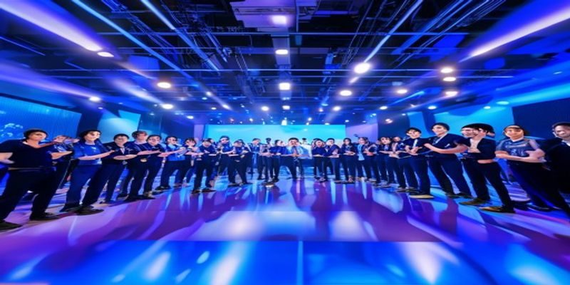 久久在线2026年度技术升级发布会现场，蓝色舞台灯光下工程师团队展示新版多节点架构图，气氛专业庄重